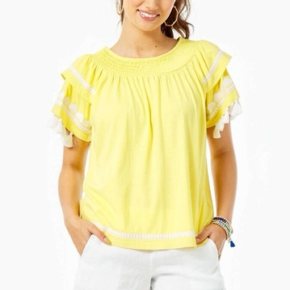 LILLY PULITZER Nailah Embroidered Tassel Top Lemon Yellow Medium - Picture 2 of 7